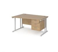 Maestro 25 left hand wave desk 1400mm wide with 3 drawer pedestal - white cantilever leg frame, Kendal oak top