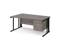 Maestro 25 left hand wave desk 1600mm wide with 3 drawer pedestal - black cable managed leg frame, grey oak top