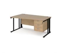 Maestro 25 left hand wave desk 1600mm wide with 3 drawer pedestal - black cable managed leg frame, kendal oak top