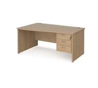 Maestro 25 left hand wave desk 1600mm wide with 3 drawer pedestal - kendal oak top with panel end leg