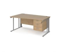Maestro 25 left hand wave desk 1600mm wide with 3 drawer pedestal - silver cable managed leg frame, kendal oak top