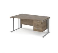 Maestro 25 left hand wave desk 1600mm wide with 3 drawer pedestal - silver cable managed leg frame, nebraska oak top