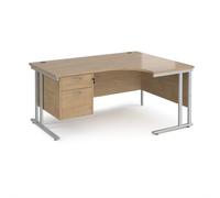 Maestro 25 right hand ergonomic desk 1600mm wide with 2 drawer pedestal - silver cantilever leg frame, Kendal oak top