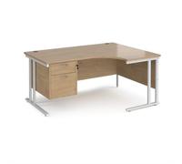 Maestro 25 right hand ergonomic desk 1600mm wide with 2 drawer pedestal - white cantilever leg frame, Kendal oak top