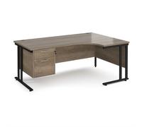Maestro 25 right hand ergonomic desk 1800mm wide with 2 drawer pedestal - black cantilever leg frame, Nebraska oak top