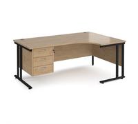 Maestro 25 right hand ergonomic desk 1800mm wide with 3 drawer pedestal - black cantilever leg frame, Kendal oak top