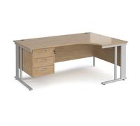 Maestro 25 right hand ergonomic desk 1800mm wide with 3 drawer pedestal - silver cable managed leg frame, kendal oak top