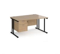 Maestro 25 right hand wave desk 1400mm wide with 2 drawer pedestal - black cantilever leg frame, Kendal oak top