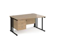 Maestro 25 right hand wave desk 1400mm wide with 3 drawer pedestal - black cable managed leg frame, kendal oak top