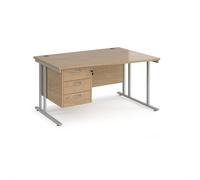 Maestro 25 right hand wave desk 1400mm wide with 3 drawer pedestal - silver cantilever leg frame, Kendal oak top