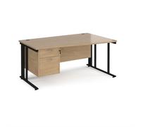Maestro 25 right hand wave desk 1600mm wide with 2 drawer pedestal - black cable managed leg frame, kendal oak top