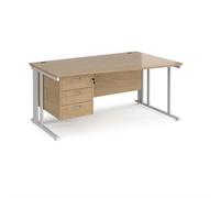 Maestro 25 right hand wave desk 1600mm wide with 3 drawer pedestal - white cable managed leg frame, kendal oak top