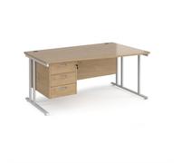 Maestro 25 right hand wave desk 1600mm wide with 3 drawer pedestal - white cantilever leg frame, Kendal oak top