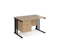 Maestro 25 straight desk 1200mm x 800mm with 3 drawer pedestal - black cable managed leg frame, kendal oak top