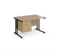 Maestro 25 straight desk 1200mm x 800mm with 3 drawer pedestal - black cantilever leg frame, Kendal oak top