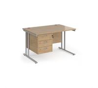 Maestro 25 straight desk 1200mm x 800mm with 3 drawer pedestal - silver cantilever leg frame, Kendal oak top