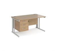 Maestro 25 straight desk 1400mm x 800mm with 3 drawer pedestal - white cable managed leg frame, kendal oak top