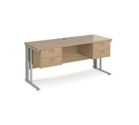 Maestro 25 straight desk 1600mm x 600mm with two x 2 drawer pedestals - silver cable managed leg frame leg, kendal oak top