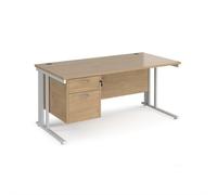 Maestro 25 straight desk 1600mm x 800mm with 2 drawer pedestal - white cable managed leg frame, kendal oak top