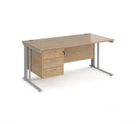 Maestro 25 straight desk 1600mm x 800mm with 3 drawer pedestal - silver cable managed leg frame, kendal oak top