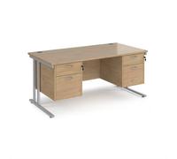 Maestro 25 straight desk 1600mm x 800mm with two x 2 drawer pedestals - silver cantilever leg frame, Kendal oak top