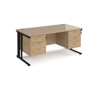 Maestro 25 straight desk 1600mm x 800mm with two x 3 drawer pedestals - black cable managed leg frame, kendal oak top
