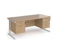 Maestro 25 straight desk 1800mm x 800mm with 2 and 3 drawer pedestals - white cantilever leg frame, Kendal oak top