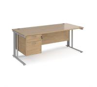 Maestro 25 straight desk 1800mm x 800mm with 2 drawer pedestal - silver cable managed leg frame, kendal oak top