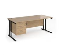 Maestro 25 straight desk 1800mm x 800mm with 3 drawer pedestal - black cantilever leg frame, Kendal oak top