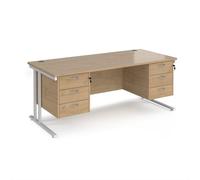 Maestro 25 straight desk 1800mm x 800mm with two x 3 drawer pedestals - white cantilever leg frame, Kendal oak top