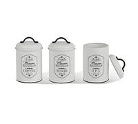 Maestro MR-1771-3CS Paris Set of 3 Metal Storage Containers, Sugar Coffee Tea, Kitchen Containers, Sugar Coffee Tea, 3 x Diameter 11.3 x 18.5 cm, White/Black