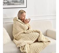 Maetoow Tighter Version Chenille Chunky Knit Blanket Throw （40×50 Inch）, Handmade Warm & Cozy Blanket Couch, Bed, Home Decor, Soft Fleece Banket, Boho Thick Blankets and Giant Yarn Throws，Beige