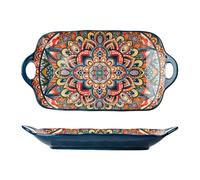 Mafagwre Porcelain Serving Platters with Handles, Bohemian Ceramic Plate, 12 Inch Rectangle Large Serving Plates, Appetizer Plate, Sushi Platters with Handles, Corlorful Serving Bowls for Kitchen (A)