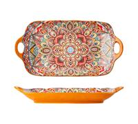 Mafagwre Porcelain Serving Platters with Handles, Bohemian Ceramic Plate, 12 Inch Rectangle Large Serving Plates, Appetizer Plate, Sushi Platters with Handles, Corlorful Serving Bowls for Kitchen (C)