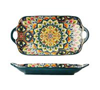 Mafagwre Porcelain Serving Platters with Handles, Bohemian Ceramic Plate, 12 Inch Rectangle Large Serving Plates, Appetizer Plate, Sushi Platters with Handles, Corlorful Serving Bowls for Kitchen (B)
