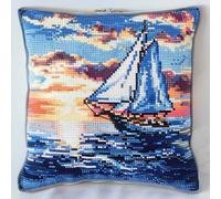 MAFANG 11CT Cross Stitch Cushion Kit Sailing Boat Scenery at Sea Cross Stitch Kit Canvas Embroidery Kit for Beginners for Living Room Bedroom Decoration A 45x45cm