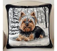 MAFANG 11CT DIY Embroidery Pillow Covers Kit Winter Yorkshire Terrier Cross Stitch Kit Embroidery Kits for Beginners with Pattern and Instructions A 45x45cm