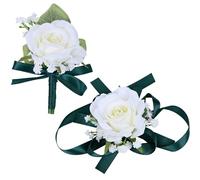 MAFELOE 2Pcs Homecoming Party Prom Artificial Wrist Corsage and Boutonniere Set, Groom Groomsmen Bride Bridesmaids Wedding Simulation Flowers Accessories Suit Decorations - White+Dark Green