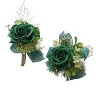 MAFELOE Corsage and Boutonniere Set for Wedding Prom Party Homecoming Celebration Artificial Flower Accessories Suit Decor 2Pcs - Dark Green