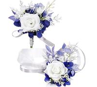 MAFELOE Wrist Corsage and Boutonniere Set for Prom Homecoming Wedding Party Celebration Artificial Flowers Accessories Suit Decor 2 Pieces - White+Navy Blue