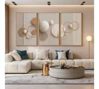 Mafett 3 Set Framed Abstract Pearl Circle Design in Beige & Gold Wall Art | Size: A3 Mafett Beige A3
