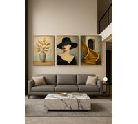 Mafett Women's Set of 3 Wall Art Prints Golden Leaves Woman Staircase | Size: A2 Mafett Multicolor A2