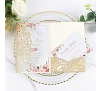 Maffily 25pcs Gold Glitter Laser Cut Wedding Invitations Card Pocket With Envelopes and Rsvp Cards Tri Fold Personalized Quinceanera Invitation Kit for Engagement Birthday Quinceanera Invite