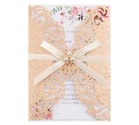 Maffily 50 PCS Laser Cut Wedding Invitations Cards with Envelopes, Blank Inner Sheets, Pearl Ribbons for Wedding Bridal Shower Quinceañera Engagement Birthday Invites (Glitter Rose Gold)