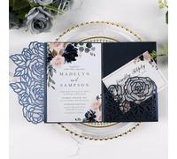 Maffily 50pcs 250GSM Tri-Fold Wedding Invitations with Envelopes and RSVP Cards Laser Cut Hollow Wedding Invitation Kit for Wedding Engagement Bridal Shower Party Invite 5X7 Inch Navy Blue