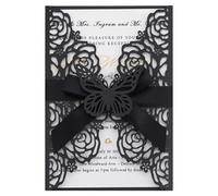 Maffily 50pcs Black Wedding Invitation Kit Butterfly Laser Cut Invittations Pocket with Blank Inner Sheets and Envelopes for Wedding Anniversary Quinceañera Birthday Party Invites 4.9x7''