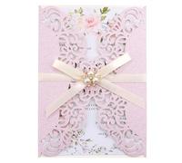 Maffily 50PCS Laser Cut Wedding Invitations Cards with Envelopes, Blank Inner Sheets, Ribbons for Wedding Quinceañera Baby Shower Birthday Invites (Pinkish Purple)