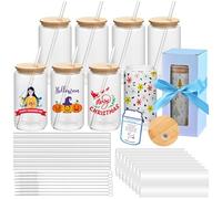 MAFYE Sublimation Glass Blanks With Bamboo Lid, 16OZ Clear Sublimation Beer Can Glass with Glass Straws Present Box Mason Jar Cups Mug Travel Tumbler for Beer, Juice, Soda, Iced Coffee, Drinks(8 PACK)