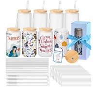 MAFYE Sublimation Glass Blanks With Bamboo Lid, 16OZ Frosted Sublimation Beer Can Glass with Glass Straws Gift Box Mason Jar Cups Mug Travel Tumbler for Beer, Juice, Soda, Iced Coffee, Drinks(8 PACK)