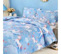 MAG 3Pcs Blue Microfiber Unicorn Queen Comforter Set,Rainbow Toddler Bedding Set,Floral Queen Bed Set,Room Decor for Teen Girls Boys Kids,Soft,Cartoon,Kawaii,1 Comforter 2 Pillowcases.